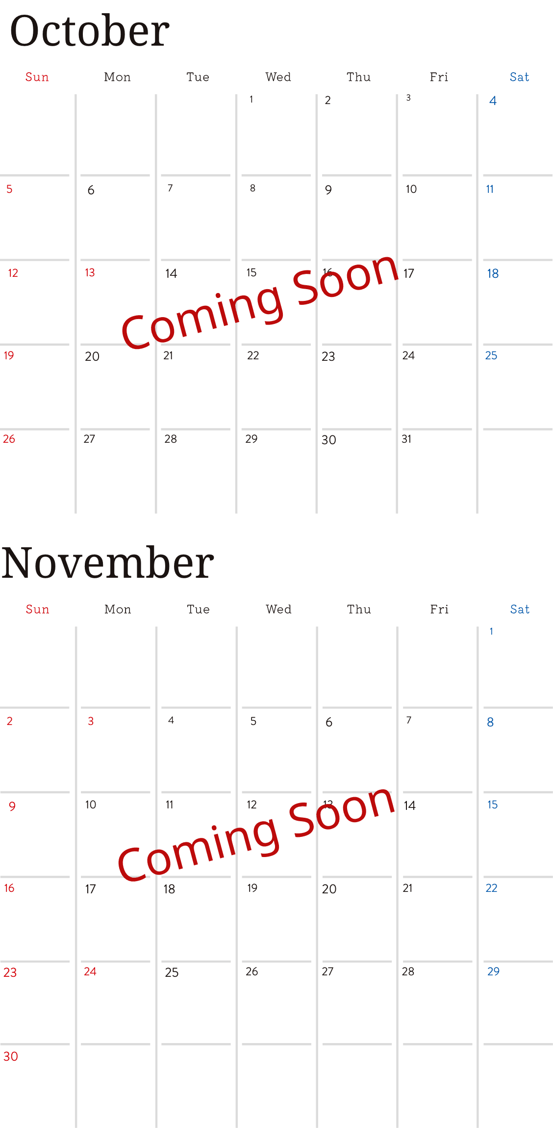 10月、11月のカレンダー