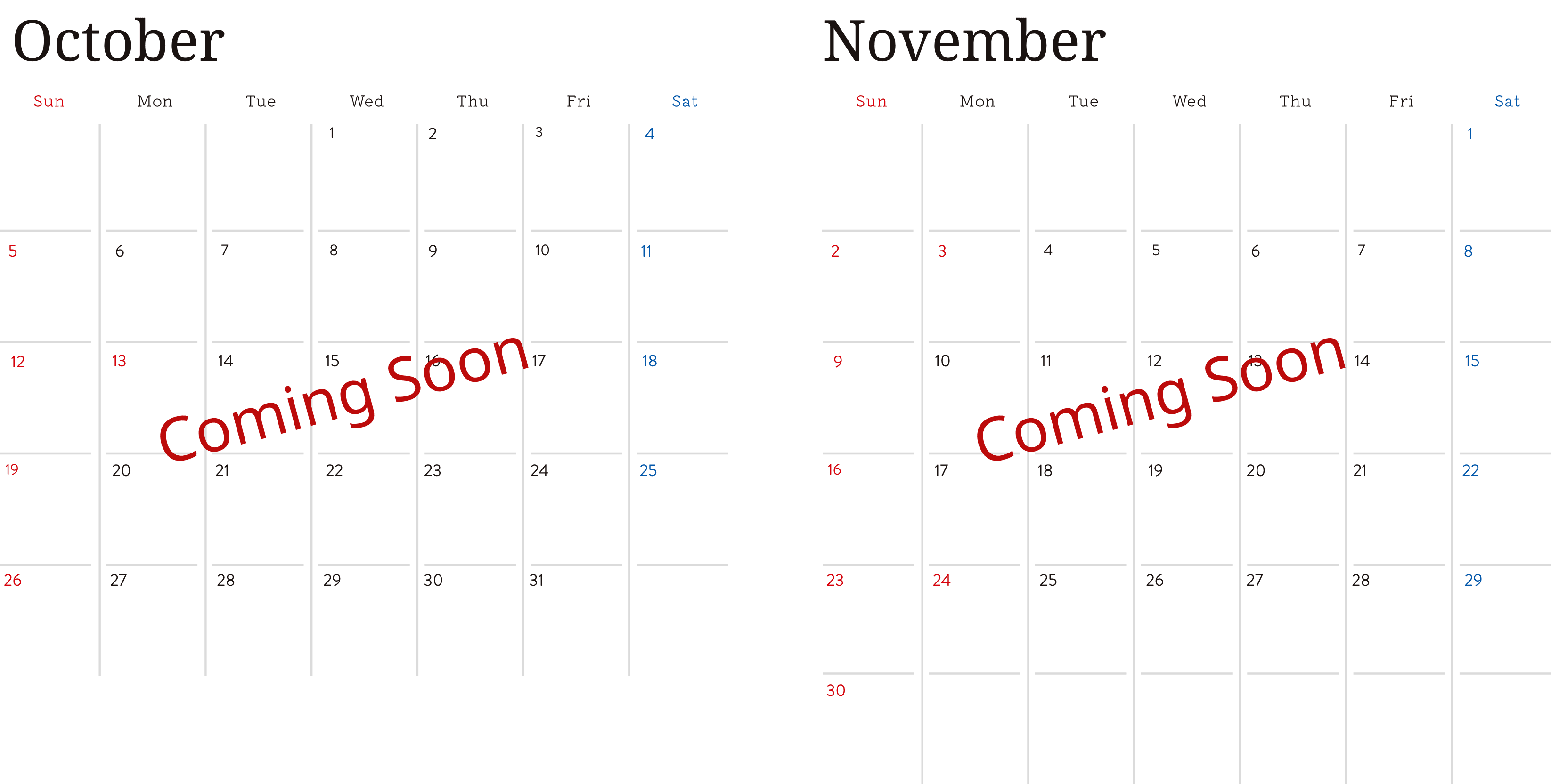 10月、11月のカレンダー